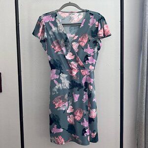Nine West Teal Pink Wrap Midi Summer Floral V-Neck Dolman Sleeve Dress